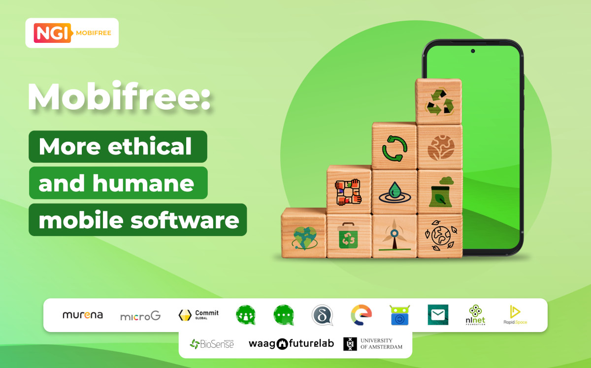 Text: Mobifree: more ethical and humane mobile software and logos of the participating partners
