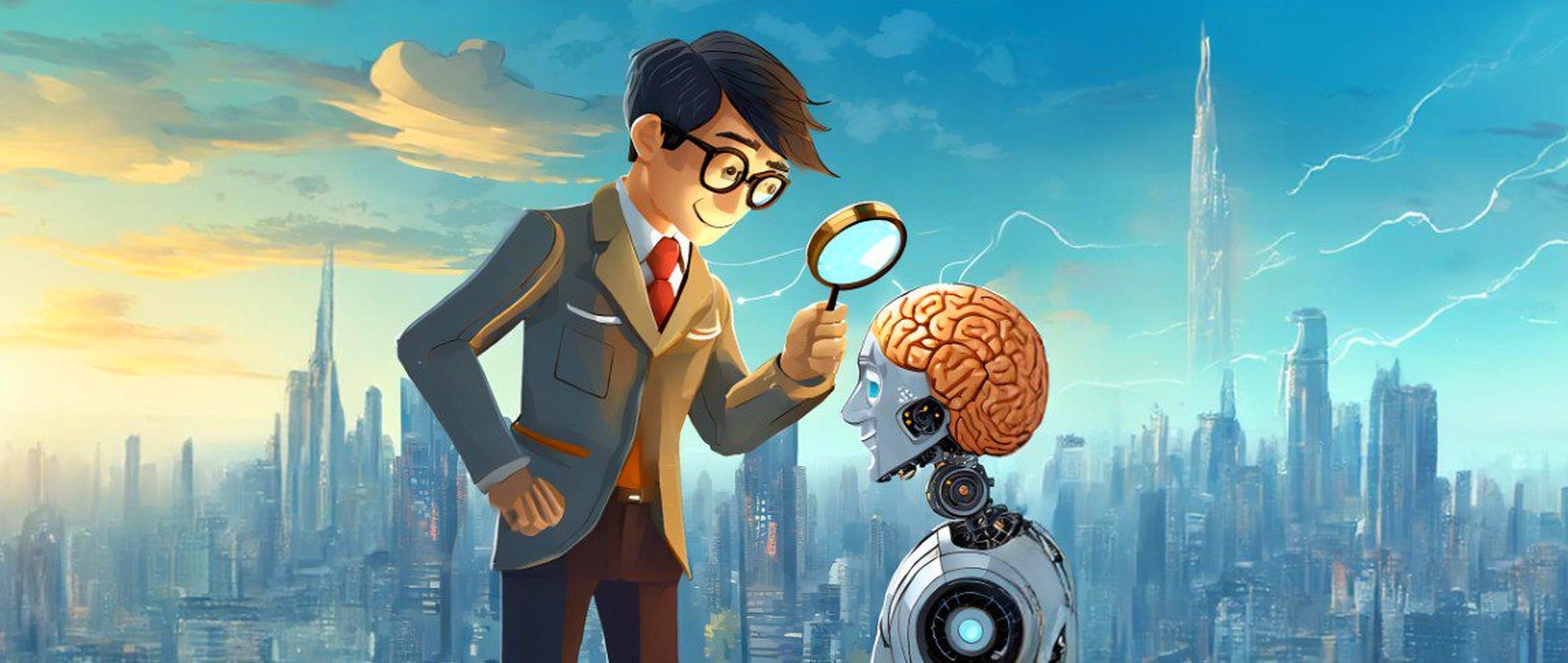 cartoon of friendly smiling man with spyglass observing a robot with human-like brains.