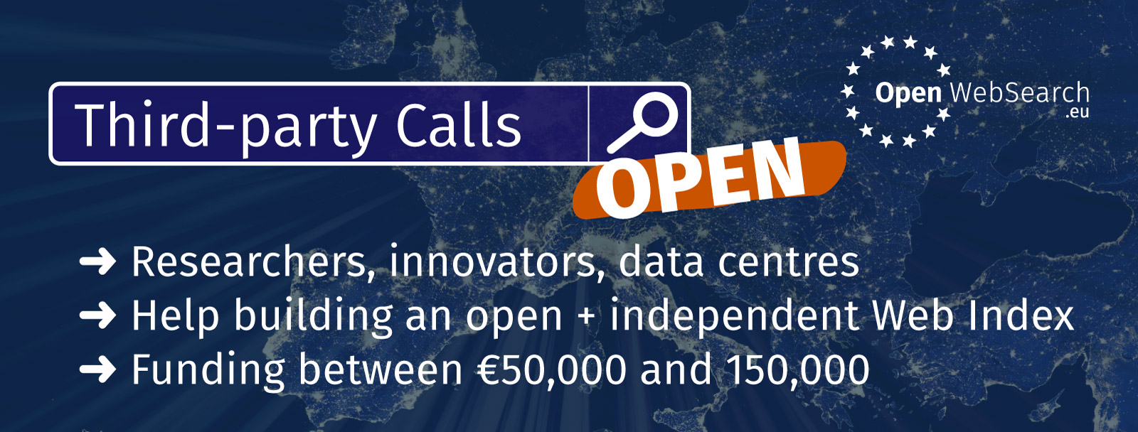 Openwebsearch.eu announcement of third-party open calls. Looking for researchers innovators and datacenters, Help building an open + independent Web Index. Funding offered between 50.000 and 150.00o euro