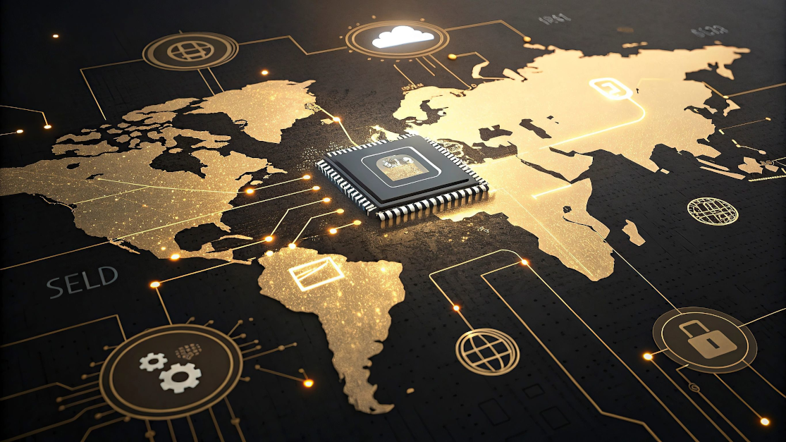 A chip on a world map connecting to many different territories
